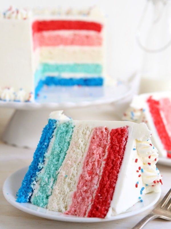 Red, white and blue ombré cake from completelydelicious.com. Perfect for the 4th of July!