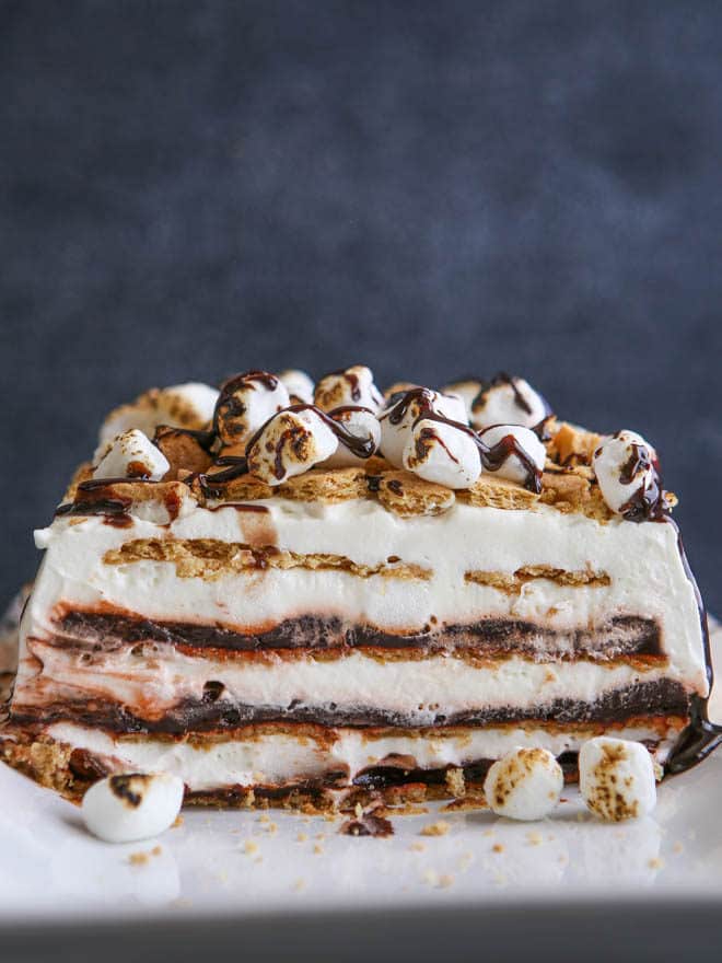 Layers of chocolate pudding, marshmallow whipped cream and graham crackers make up this S'mores Icebox Cake