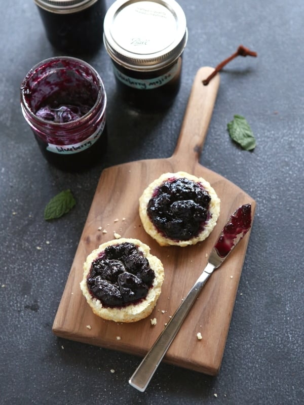 Blueberry Mojito Jam - a fun twist on blueberry jam with mint and lime. From completelydelicious.com