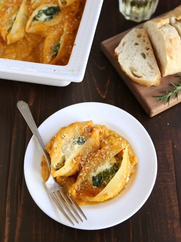 Kale and Ricotta Stuffed Shells with Butternut Squash Sauce from completelydelicious.com