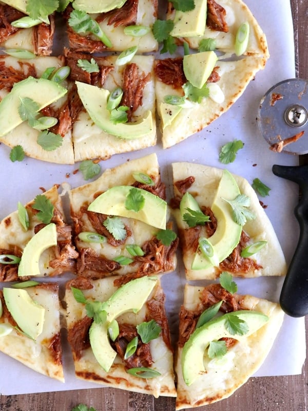 BBQ Pulled Pork and Avocado Flatbread Pizzas | completelydelicious.com