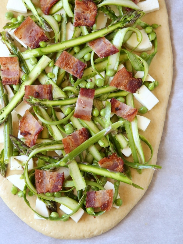 Shaved asparagus, pea and bacon pizza from completelydelicious.com