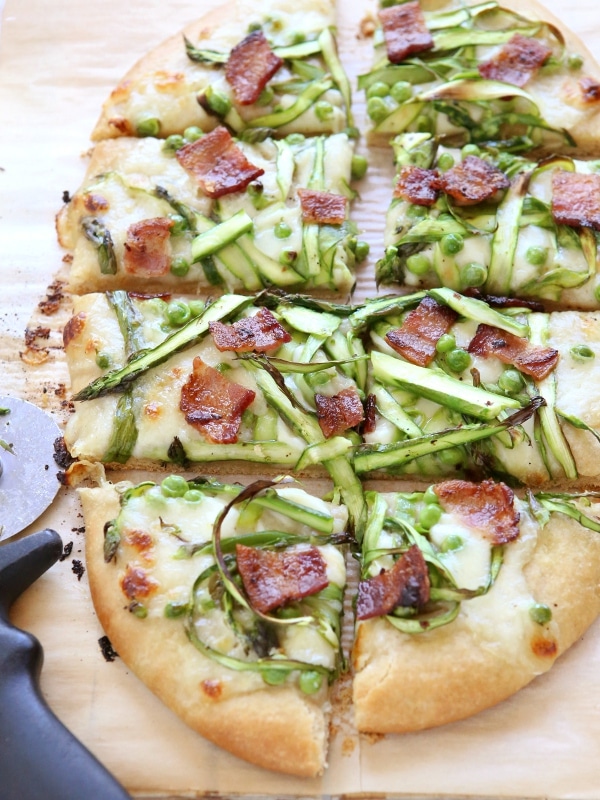 Shaved asparagus, pea and bacon pizza from completelydelicious.com