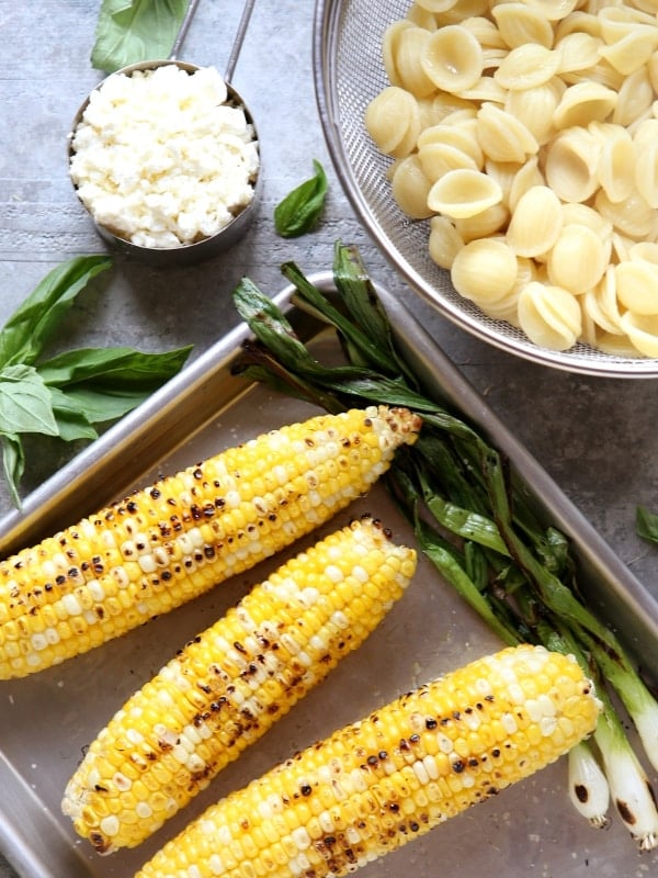 Creamy Grilled Corn Pasta with Basil and Feta | completelydelicious.com