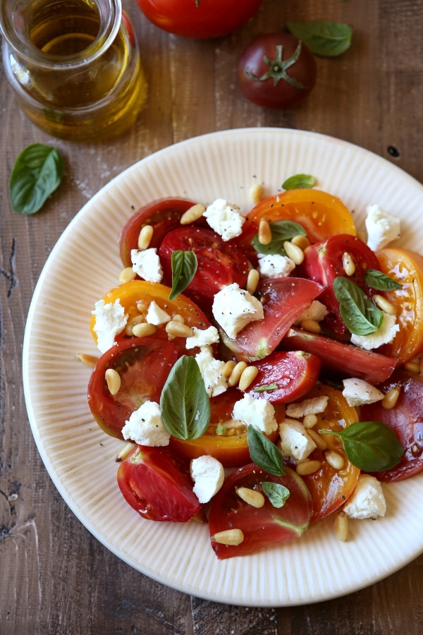 Tomato Salad with Goat Cheese and Pine Nuts | completelydelicious.com