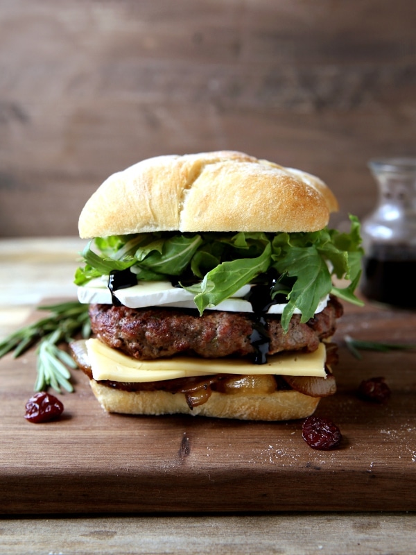 Cherry Rosemary Burgers with Brie, Arugula and Balsamic Glaze | completelydelicious.com