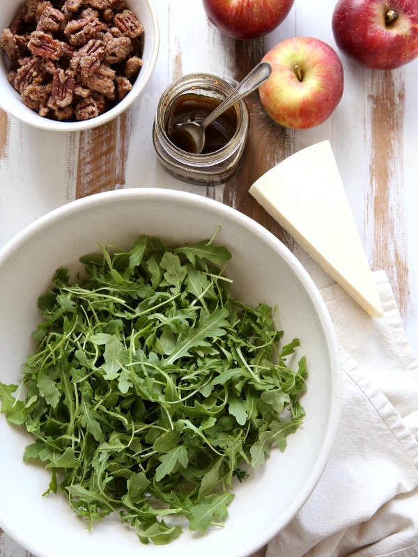 Apple Arugula Salad with White Cheddar and Candied Pecans | completelydelicious.com