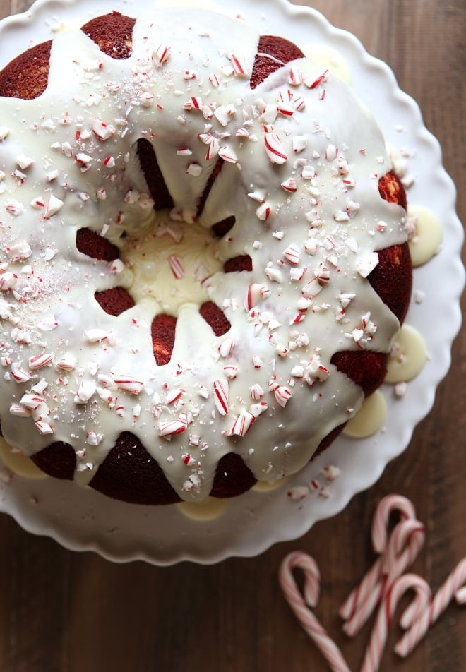 Peppermint Red Velvet Bundt Cake with Cream Cheese Filling and White Chocolate Ganache | completelydelicious.com
