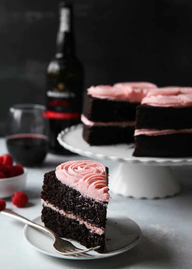 Red Wine Chocolate Cake with Raspberry Buttercream | completelydelicious.com