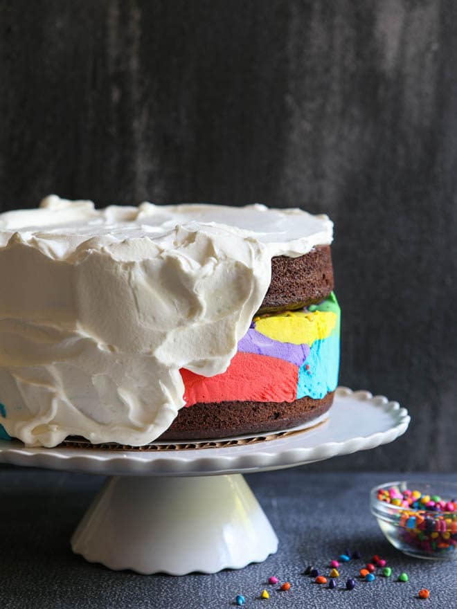 Fun and festive Chocolate Rainbow Ice Cream Cake!