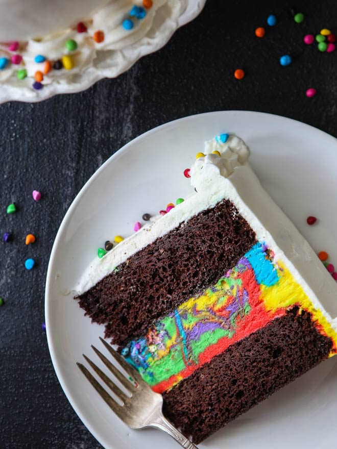 Fun and festive Chocolate Rainbow Ice Cream Cake!
