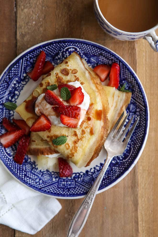 Crepes with balsamic strawberries and mascarpone cream make a fancy but easy brunch meal