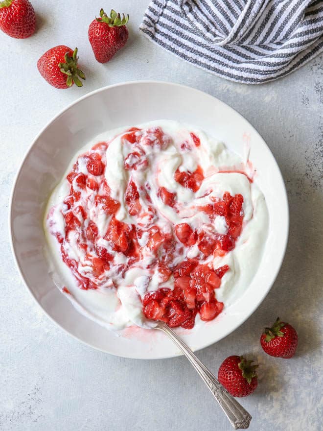 Roasted strawberries swirled with yogurt