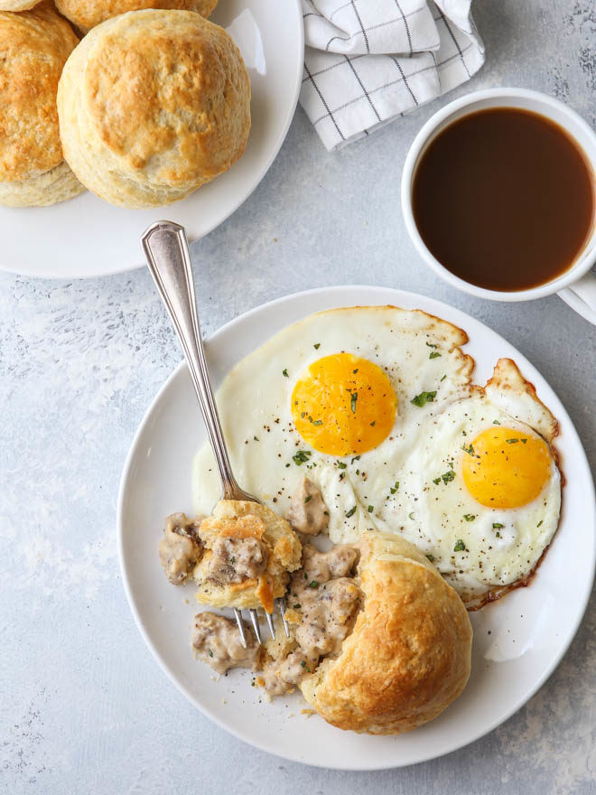 Buttermilk biscuits with sausage gravy on the inside!