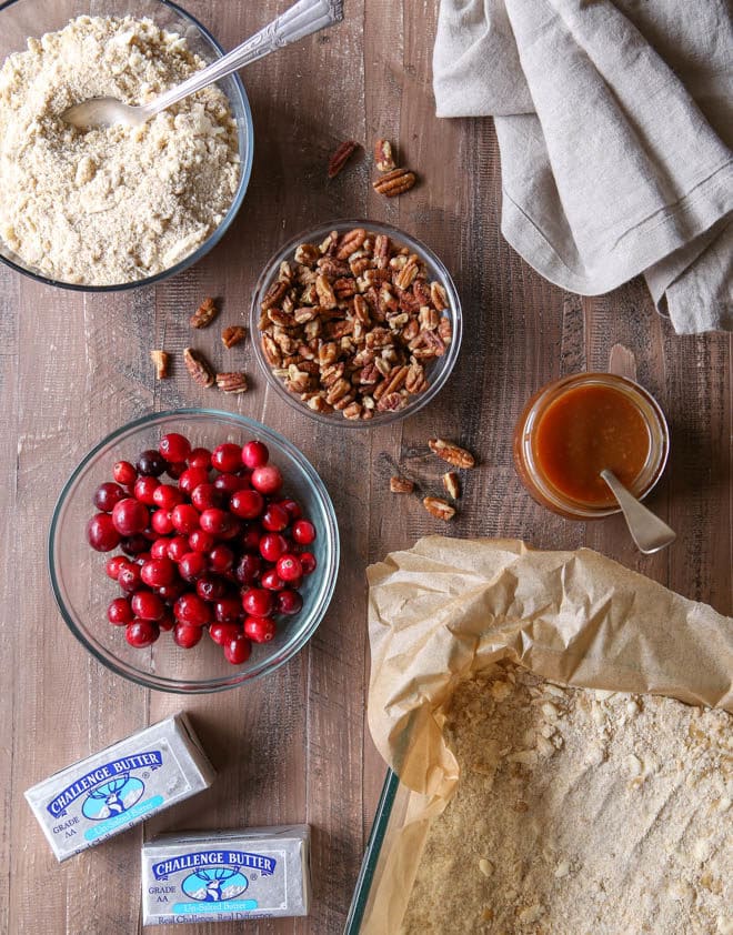 All the ingredients for caramel cranberry nut bars