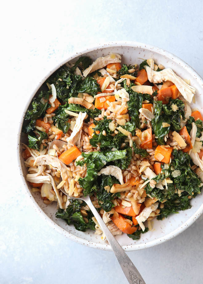 This farro bowl with chicken, kale and sweet potatoes is one of my favorite healthy meals!