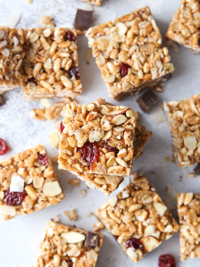 No-bake cereal bars with dried cherries, almonds, and coconut