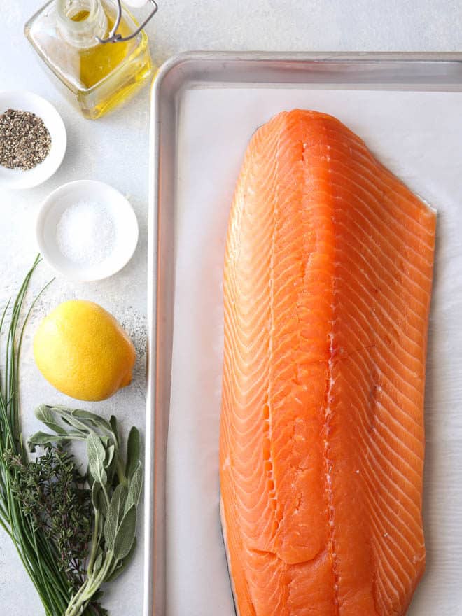 Simplest 5-ingredient lemon-herb roasted salmon from completelydelicious.com