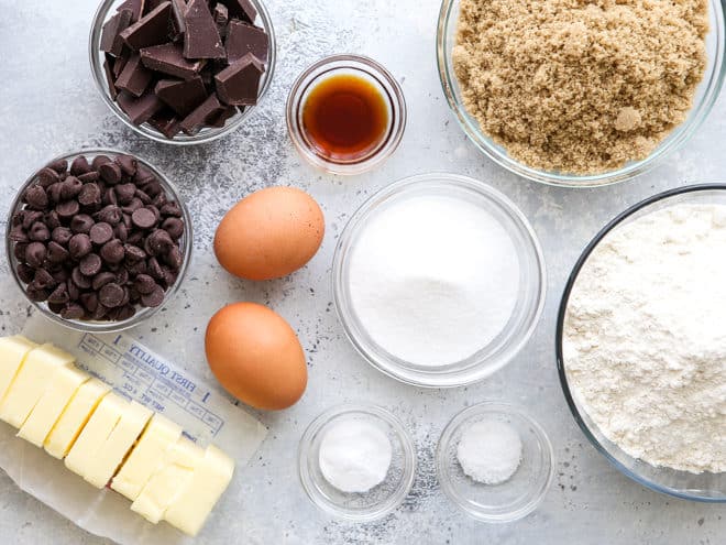 Ingredients needed for chocolate chip cookies