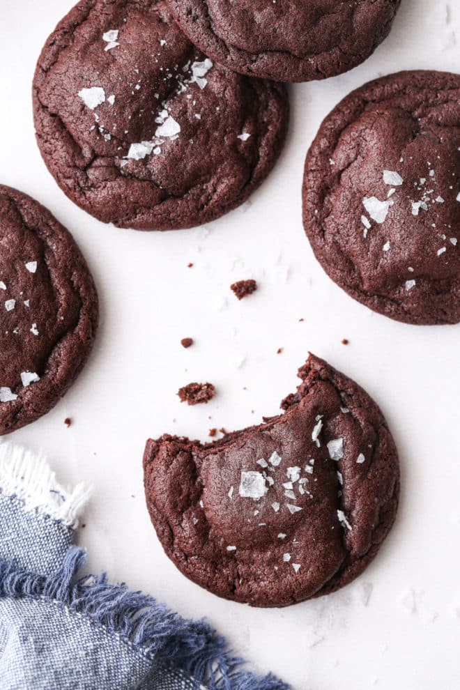 chewy chocolate cookies with fleur de sel with bite taken