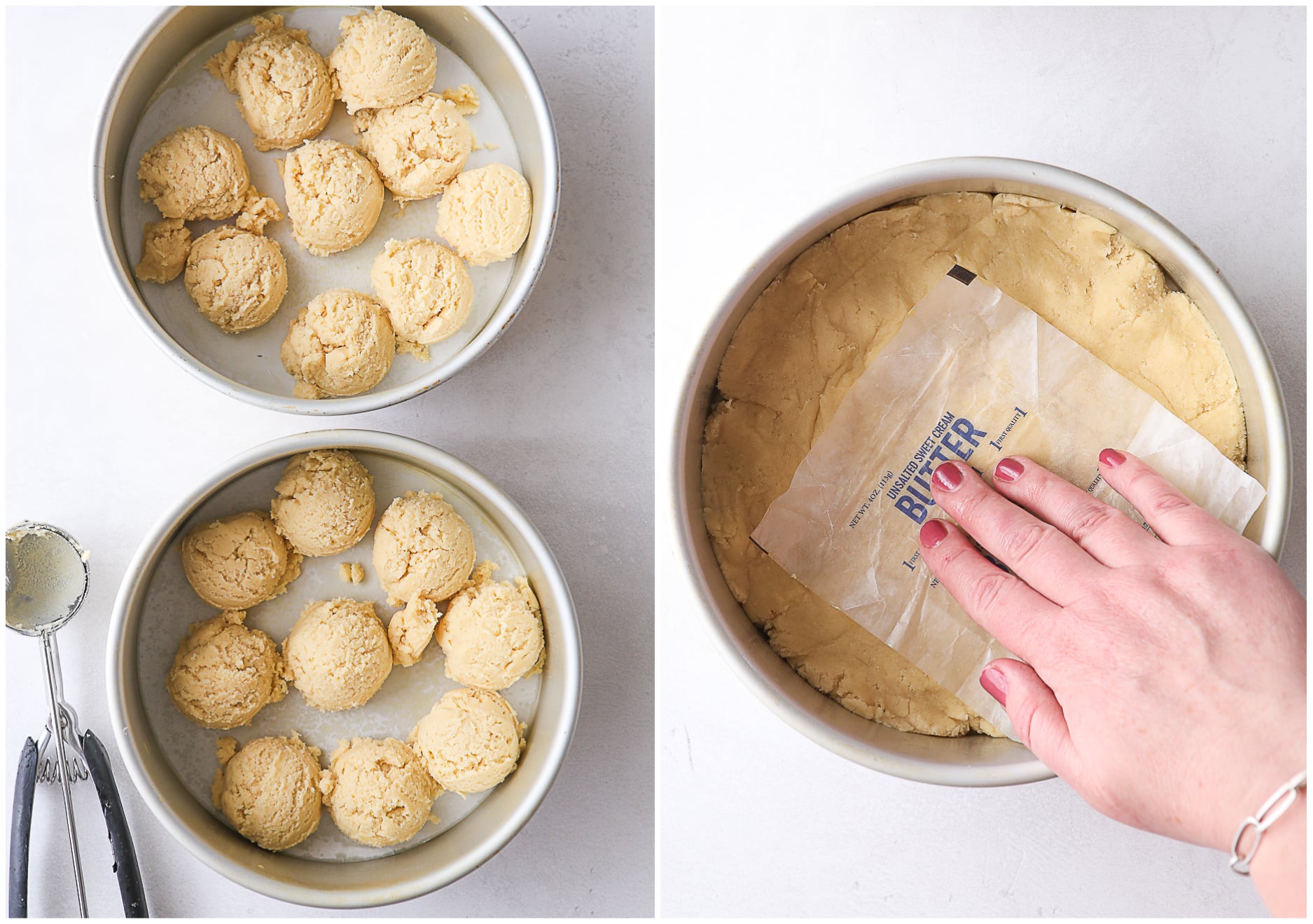 putting sugar cookie dough into cake pans