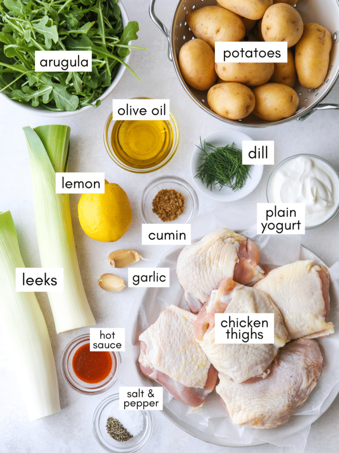 sheet pan chicken and potatoes ingredients with labels