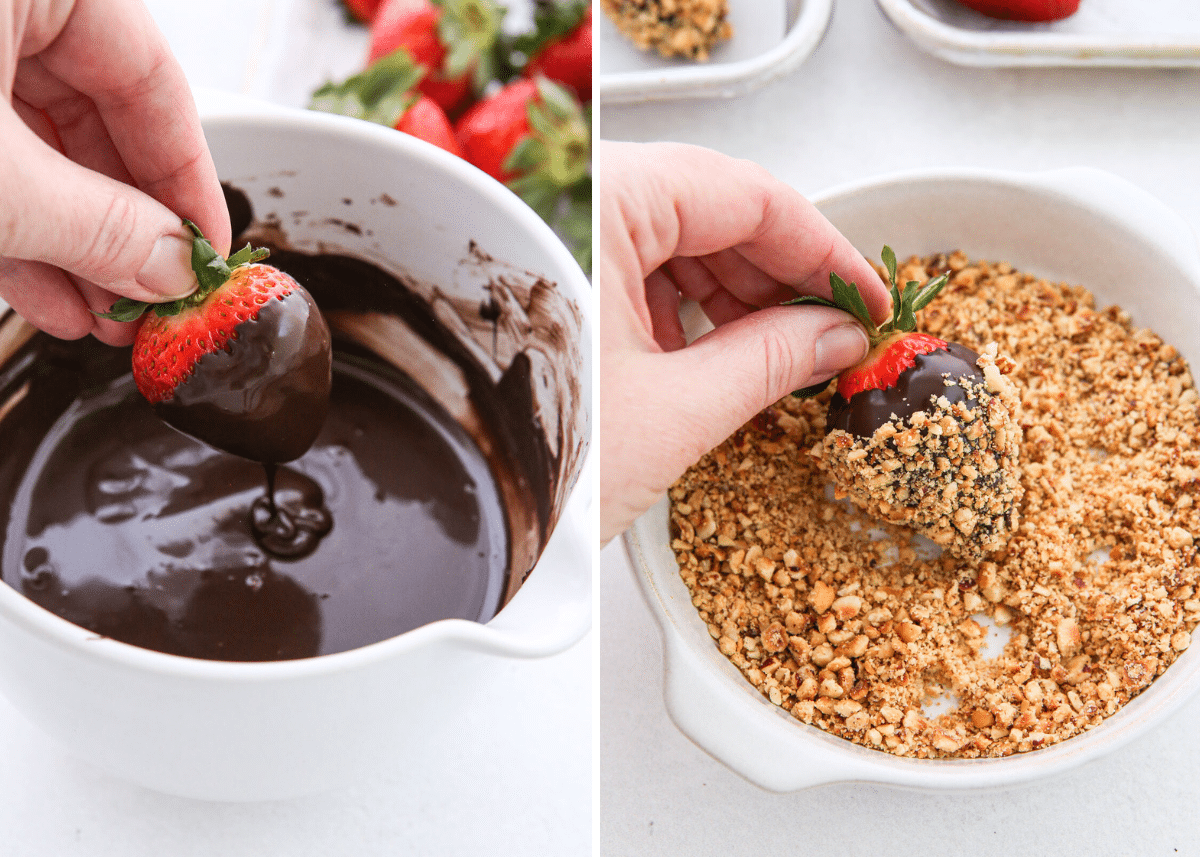 dipping strawberries and rolling in hazelnuts