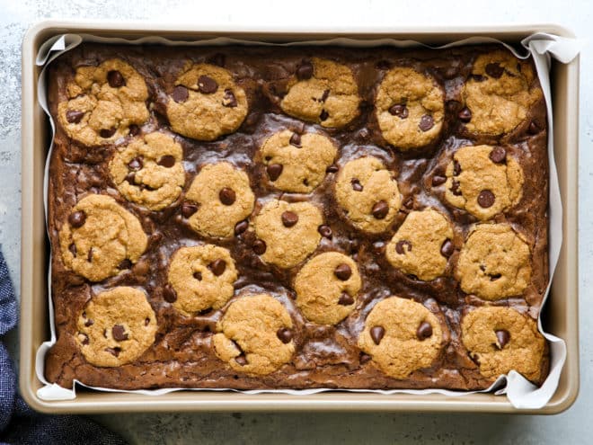 baked chocolate chip cookie brownies in pan