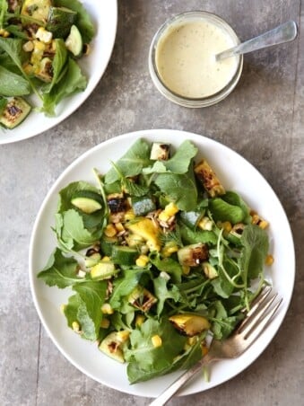 Grilled Squash, Corn and Kale Salad with Sunflower Seed Dressing | completelydelicious.com