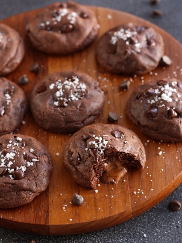 Salted Caramel & Nutella Stuffed Double Chocolate Chip Cookies