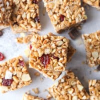 No-bake cereal bars with dried cherries, almonds, and coconut