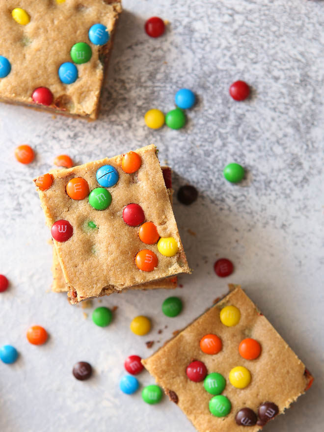 Peanut Butter M&M Cookie Bars - Completely Delicious
