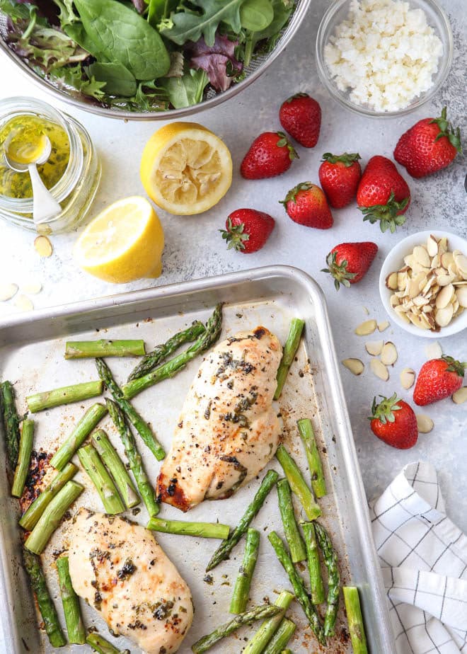 This strawberry asparagus salad with chicken is light and healthy and perfect for spring!