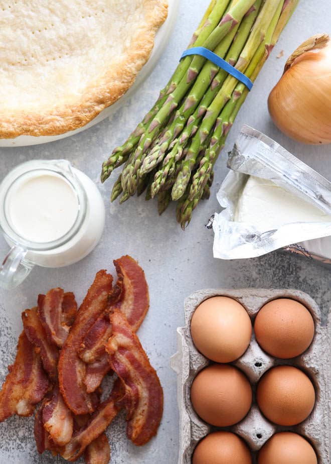 ingredients needed for bacon, asparagus and cream cheese quiche