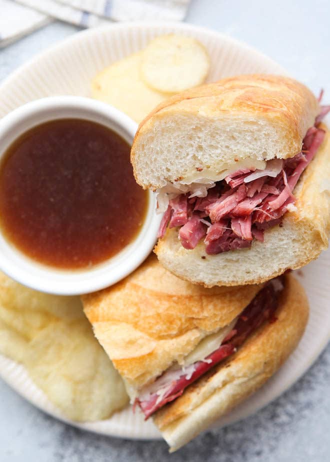 Corned beef french dip sandwiches all ready to enjoy
