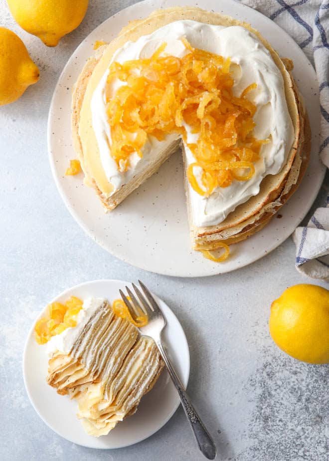 A slice of lemon mascarpone crepe cake