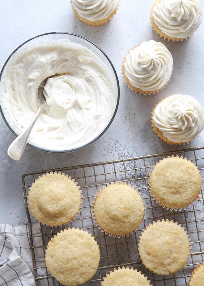 Frosting cupcakes with this fluffy whipped vanilla frosting