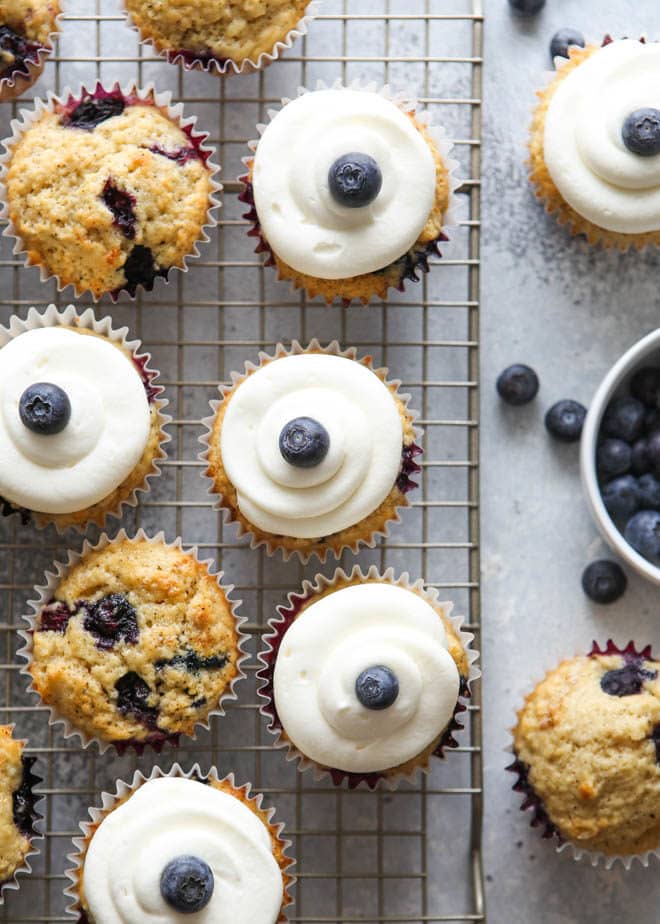 Blueberry muffin cupcakes with lemon cream cheese frosting