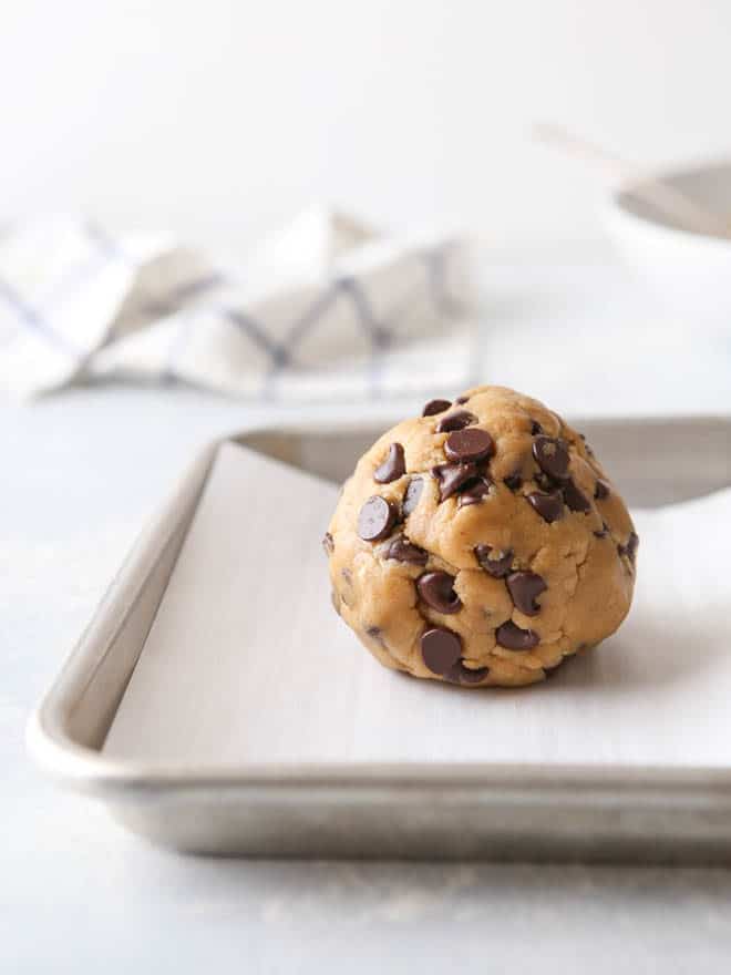 A giant ball of peanut butter chocolate chip cookie dough