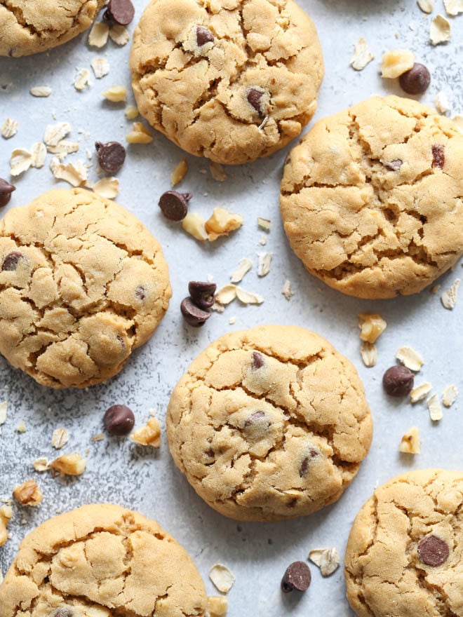 Ranch House Cookies are filled with peanut butter, oats, chocolate chips, and walnuts