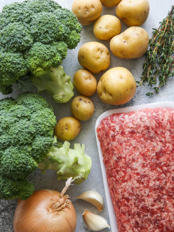 Ingredients needed for sausage, broccoli and potato soup