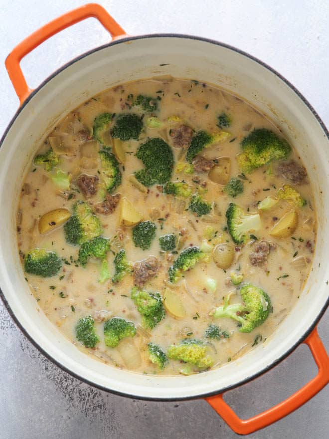 Sausage, broccoli and potato soup is a great weeknight meal!