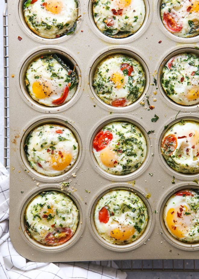 Spinach and tomato baked egg cups are great for breakfast and brunch!