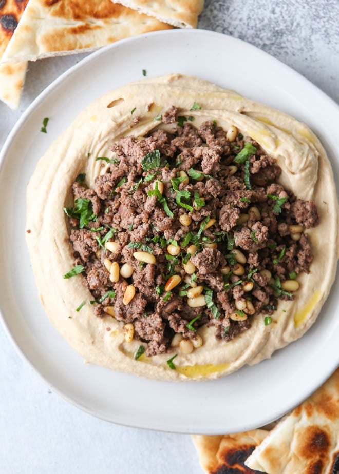 Hummus with spiced beef and pine nuts makes a great appetizer or light meal!