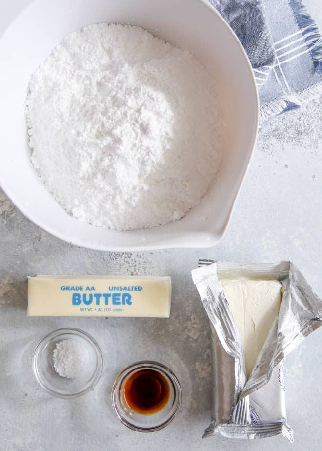 Ingredients for the creamiest cream cheese buttercream frosting