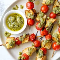 These grilled bruschetta skewers with ricotta pesto are an easy summer appetizer!