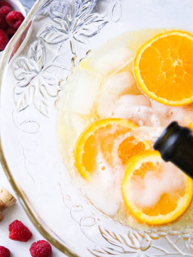 This big batch of mimosas served in a punch bowl is perfect for a brunch party!