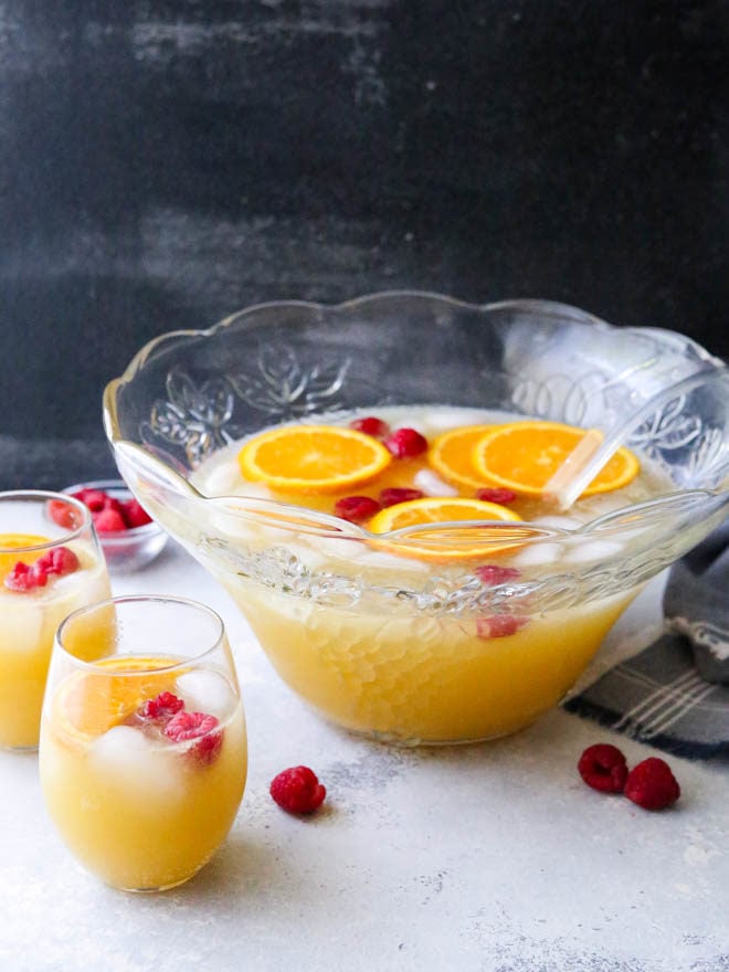 This big batch of mimosas served in a punch bowl is perfect for a brunch party!