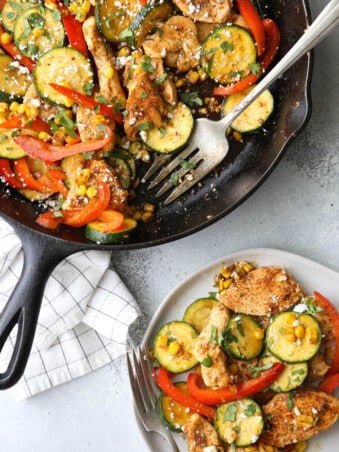 This southwest chicken skillet with zucchini, bell peppers, and corn is a delicious and healthy summer meal!