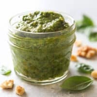 Basil walnut pesto is a great addition to meat, veggies, salads, pastas and more!